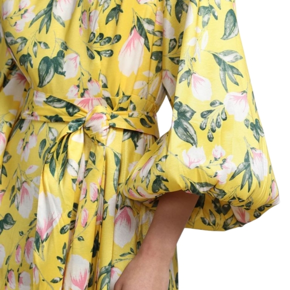 NY & Co Floral-Print Balloon-Sleeve Belted Dress NWT Yellow - Picture 3 of 7